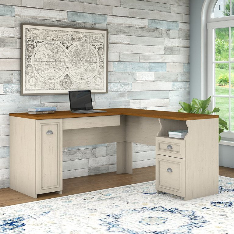 Traditional L-Shaped Desk, Vertical Storage Cabinet & Keyboard Tray, Brown/White