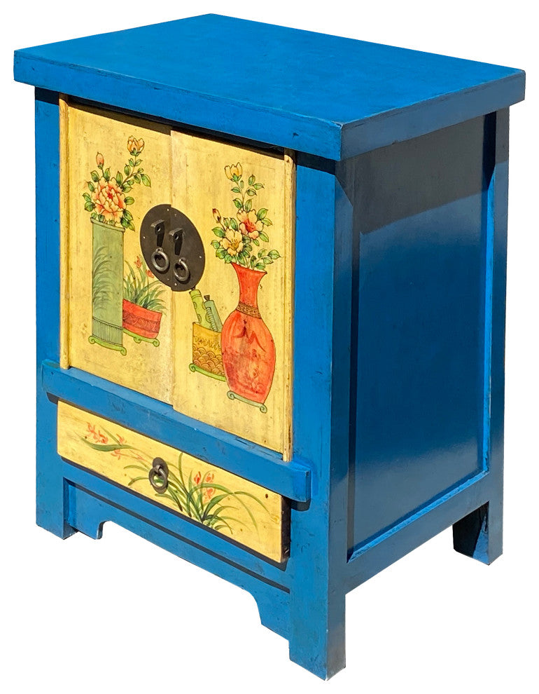 Chinese Rustic Bright Blue Yellow Graphic End Table Nightstand Hcs7355