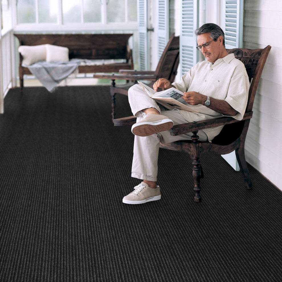 Indoor Outdoor Double-Ribbed Carpet WithSkid-Resistant Back Black 6' X 50'