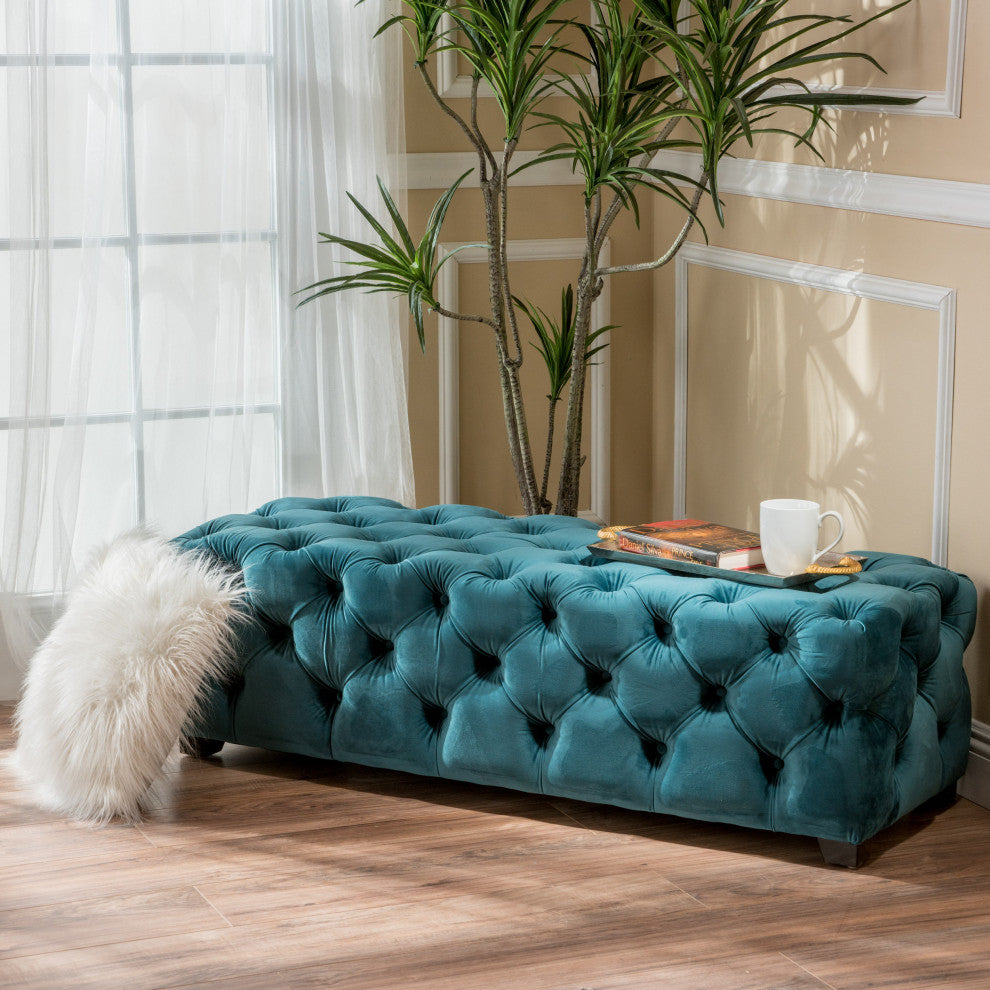 GDF Studio Provence TModern Glam Tufted Velvet Ottoman Bench, Dark Teal