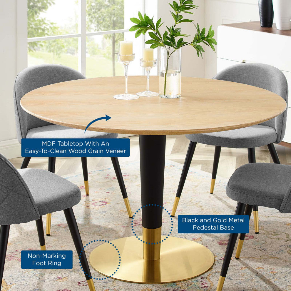 Dining Table, Round, Wood, Metal, Gold Brown Natural, Modern, Bistro Restaurant
