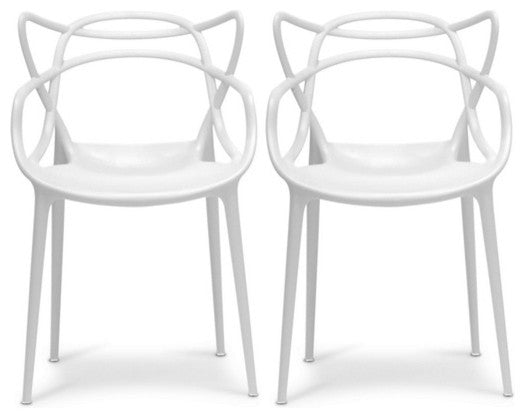 Stackable Molded Plastic Dining Chair With Arms Kitchen Outdoor Modern Set of 2, White