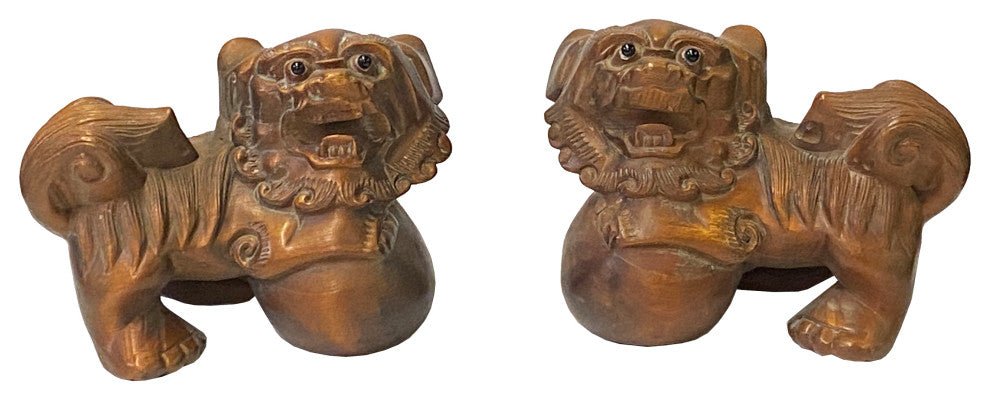 Chinese Pair Wood Carved Mini Foo Dog Lion FengShui Figures Hws2386