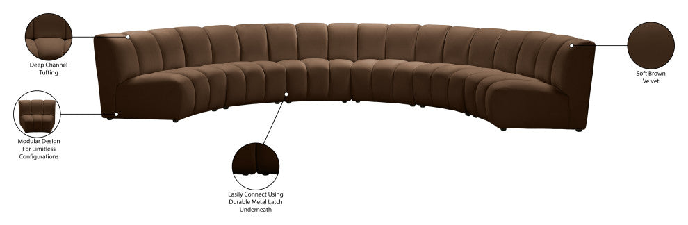 Infinity Channel Tufted Velvet Modular Chair, Brown, 6 Piece