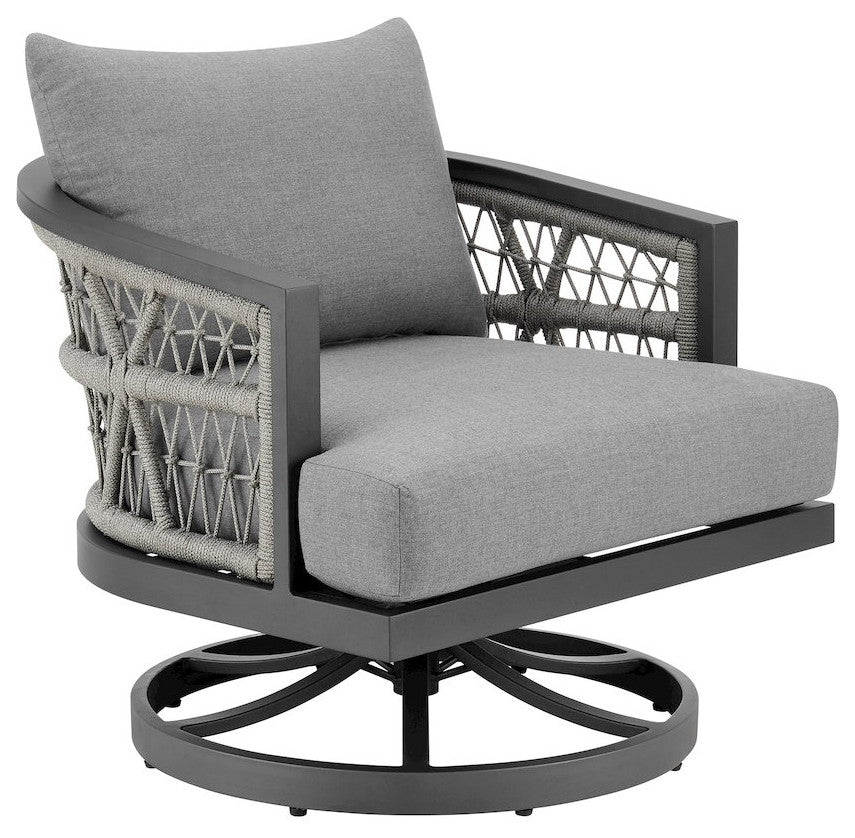 Zella Outdoor Patio Swivel Armchair in Aluminum with Light Gray Rope