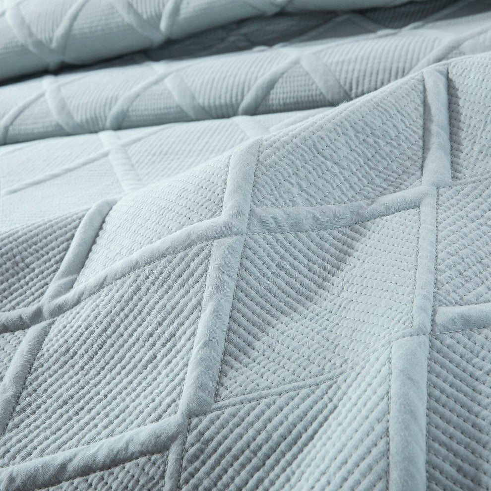 Seafoam Blue Diamond Pastel Cotton Bedspread Set, Queen