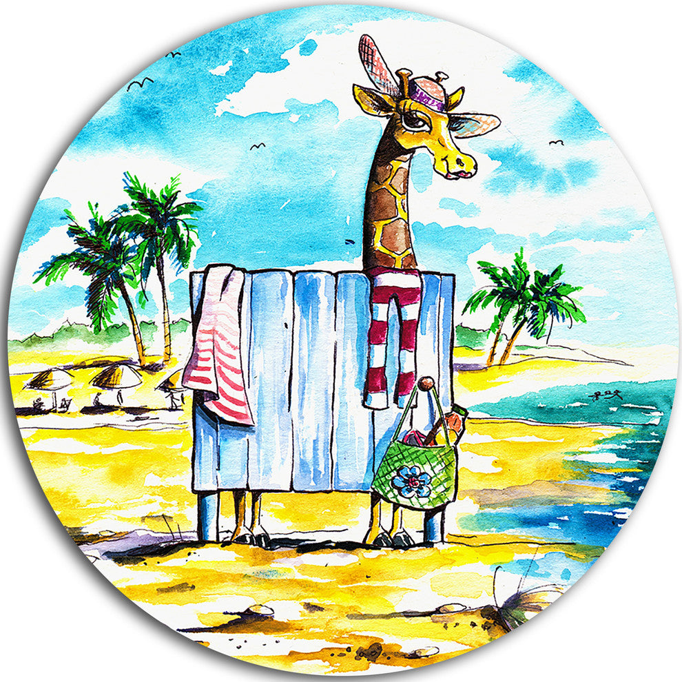 Giraffe In Dressing Room On Beach, Cartoon Animal Disc Artwork, 23"