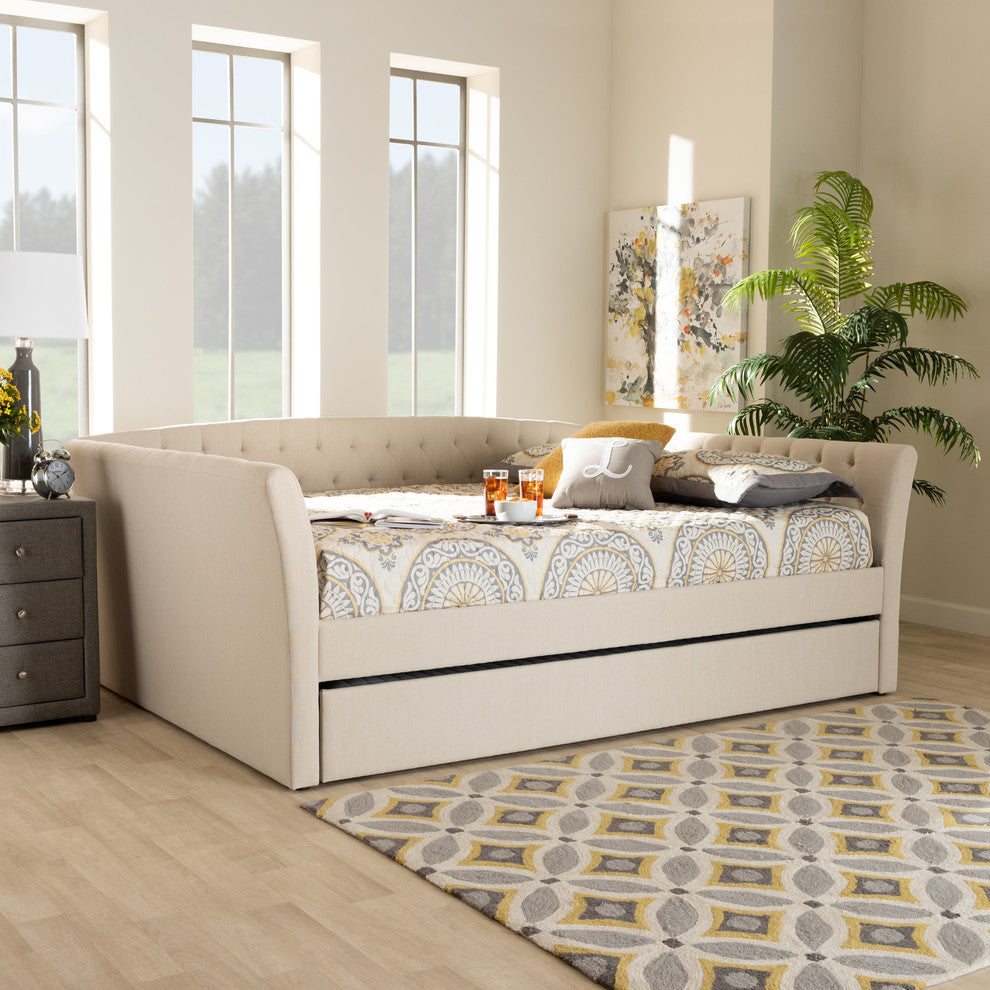 Qintal Fabric Upholstered Full Size Daybed With Roll-Out Trundle Bed, Beige