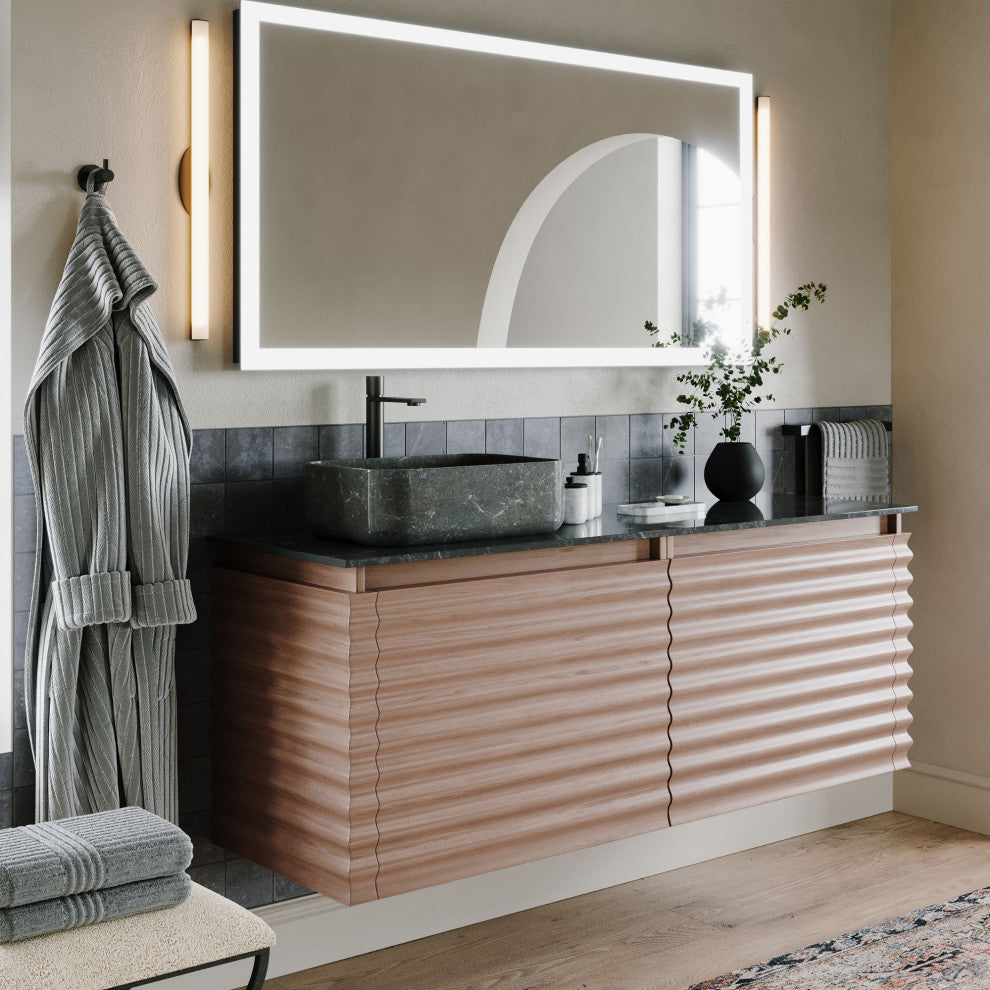 The Accordion Bathroom Vanity, Chestnut Oak, 60", Left Single Sink, Wall Mount