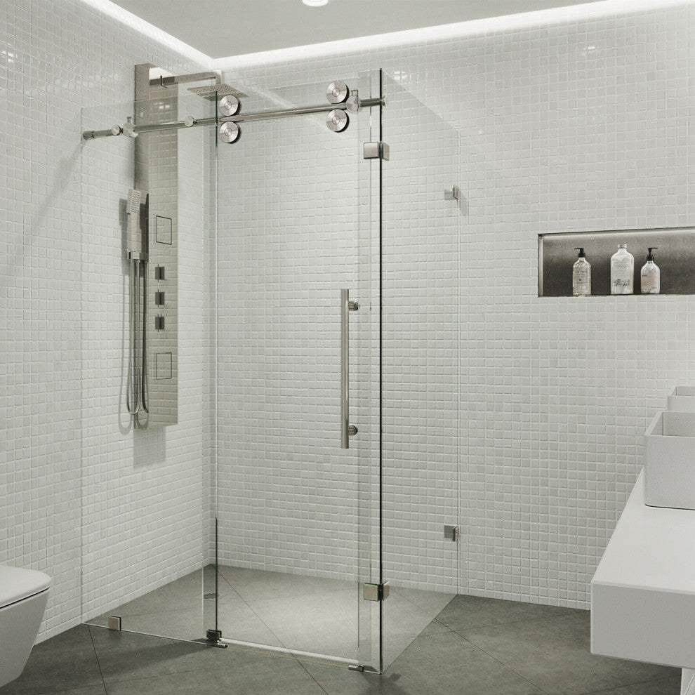 VIGO Winslow Frameless Sliding Shower Enclosure, Stainless Steel, 35" D X 46" W X 74" H, Without Base