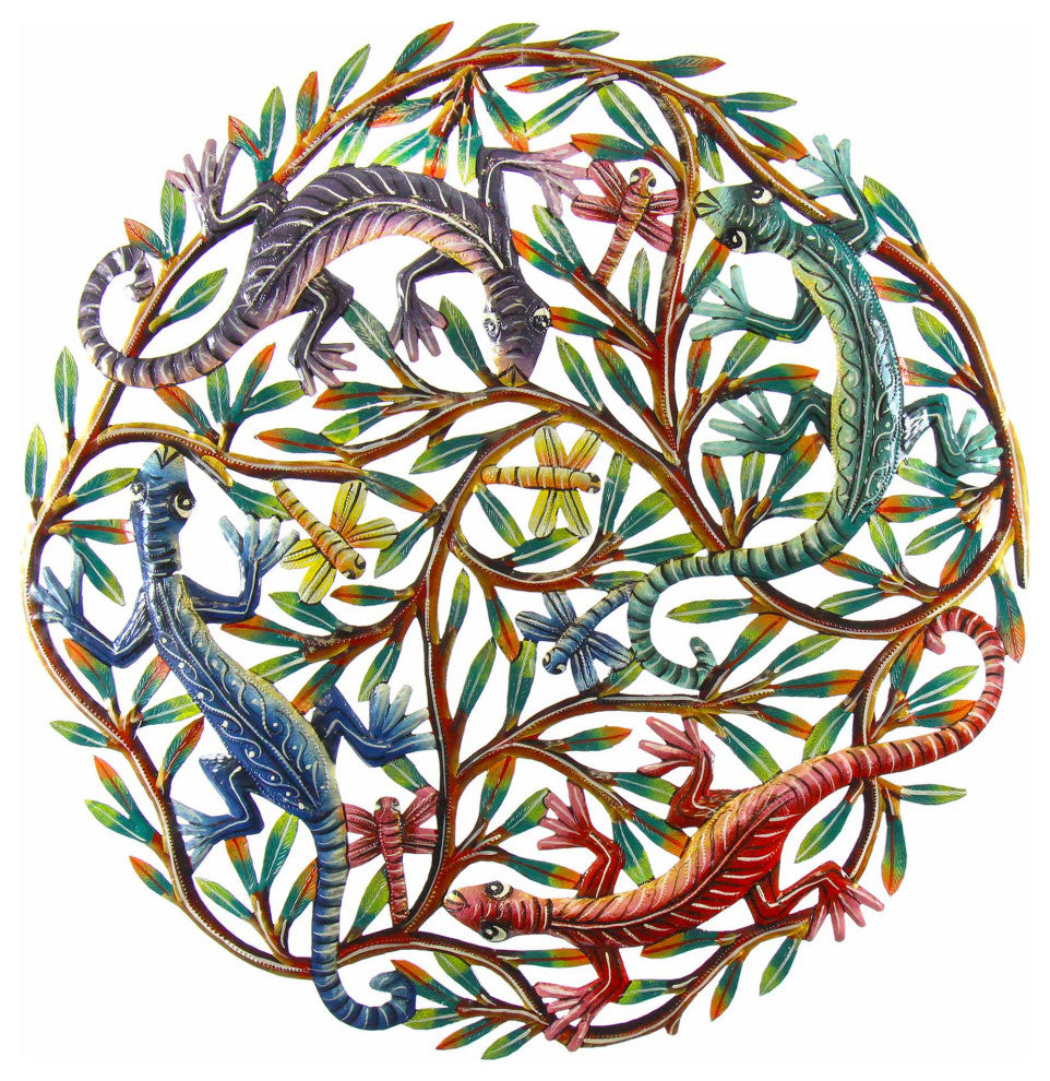 Four Geckos Handpainted Recycled Metal Wall Art