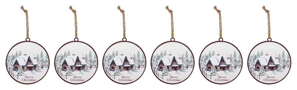 Woodland Winter Cabin Disc Ornament, Set of 12