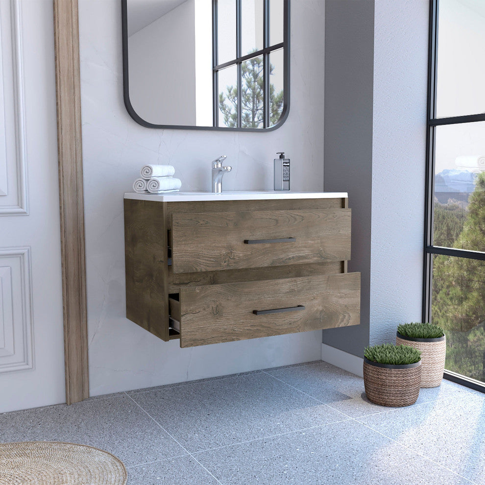 Maine Floating Vanity Bathroom with 2 Drawers and Handles, Dark Brown/White
