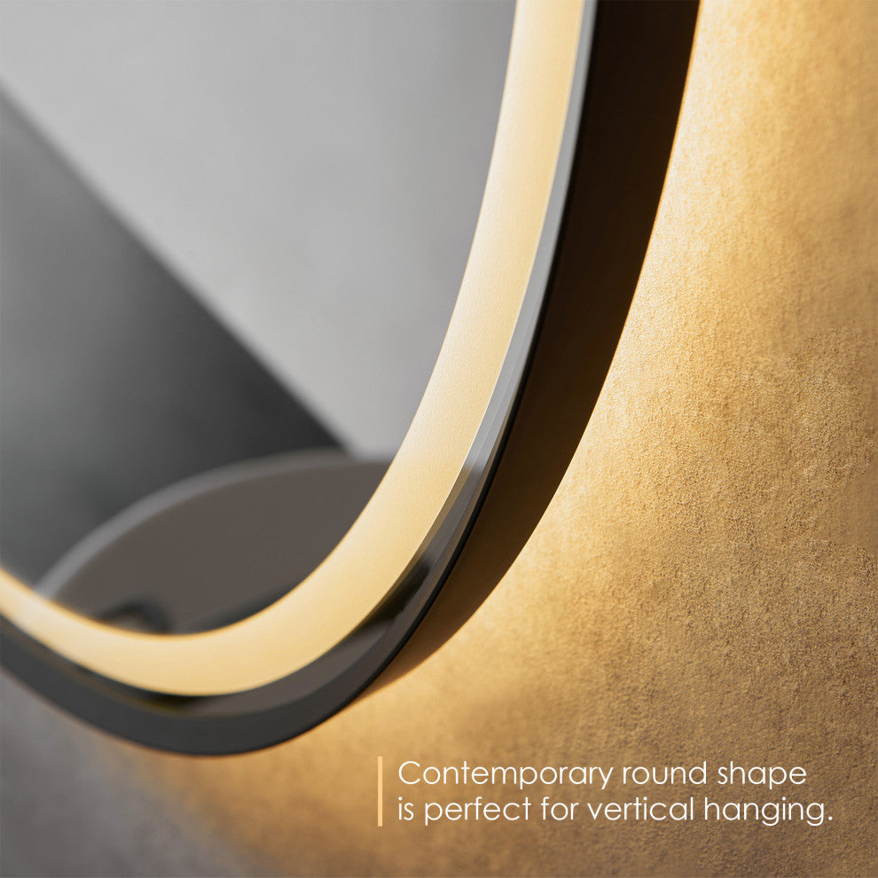 Palme Round Framed Bathroom/Vanity LED Lighted Wall Mirror, Matte Black, 32"