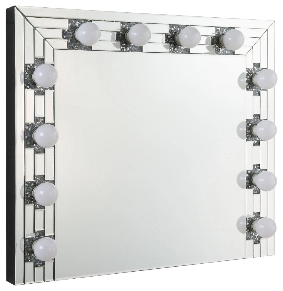 Benzara BM274650 Modern Glam Lighted Mirror, 12 Sockets, Faux Diamonds, Silver
