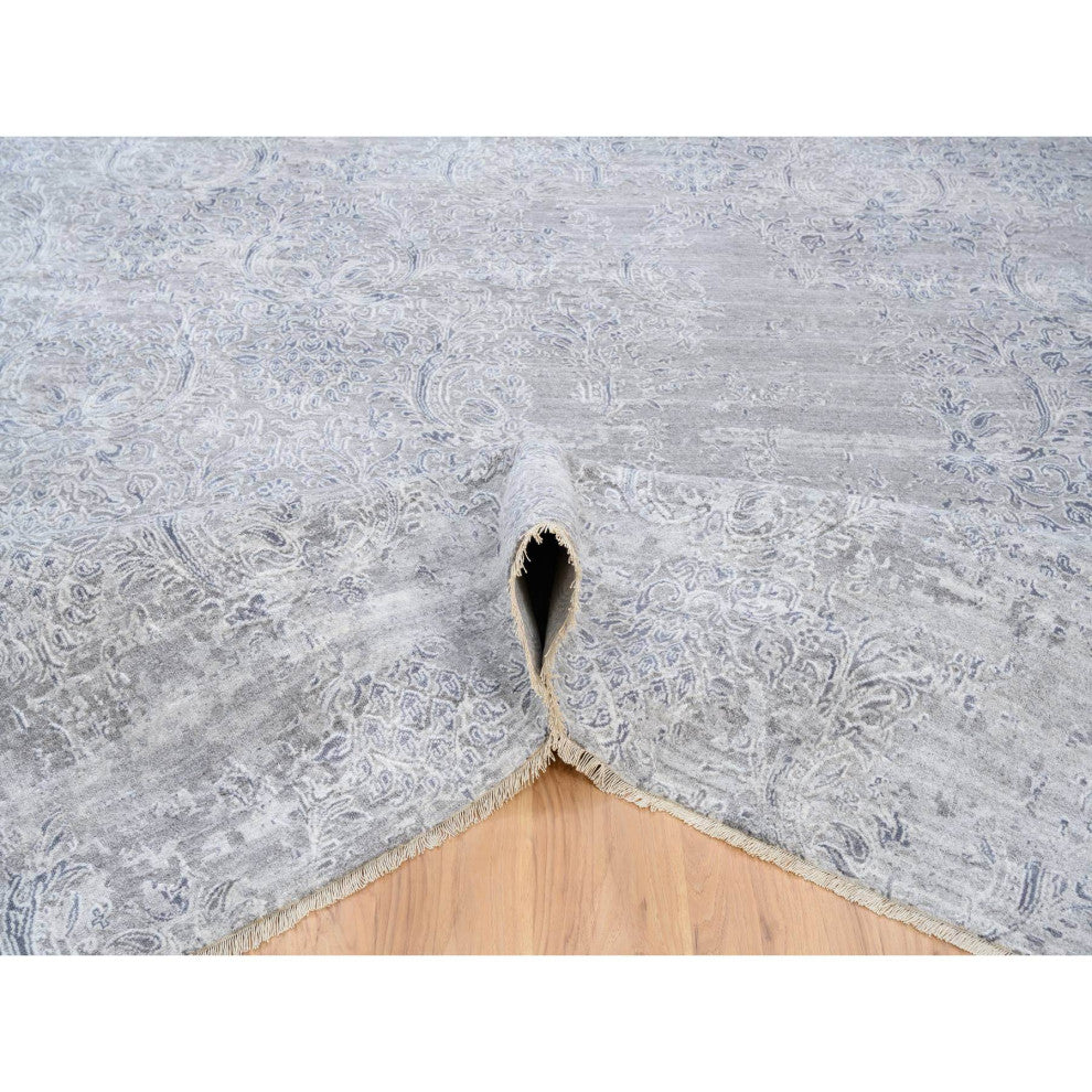 Ivory, Hand Knotted Damask Design, Wool and Plant Based Silk Rug, 10'0" x 13'10"
