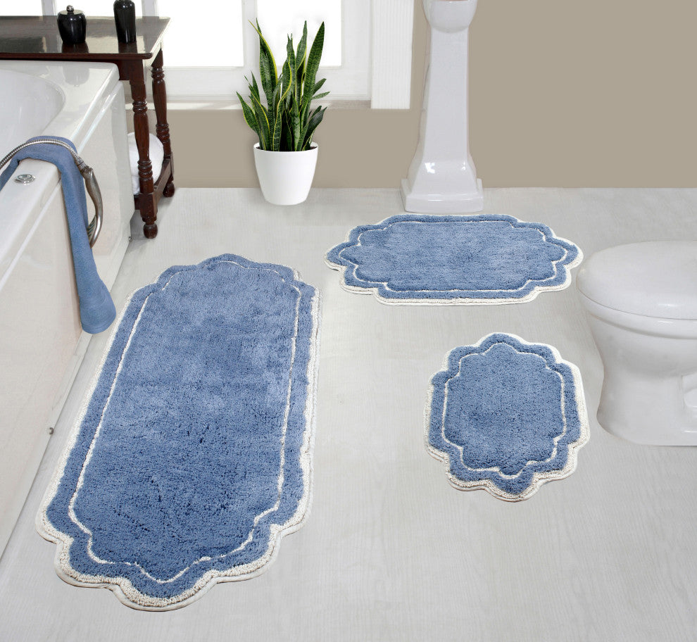 Allure Collection Absorbent Cotton Machine Washable 3-Piece Rug Set, Blue