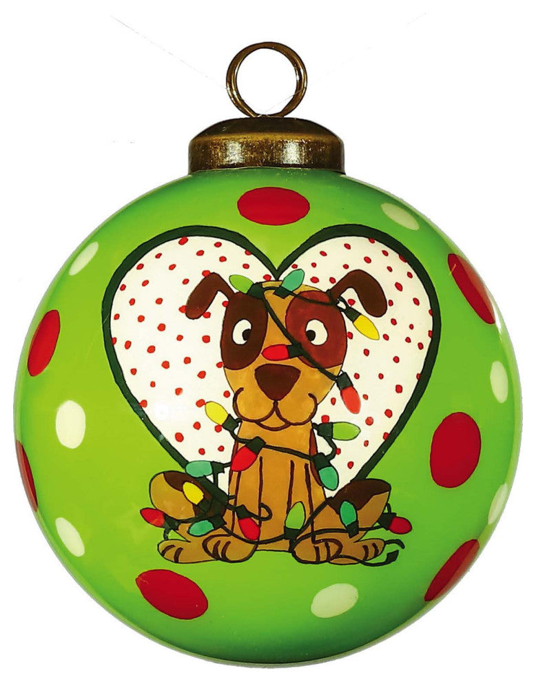 Charming Dog in a Heart Hand Painted Mouth Blown Glass Ornament