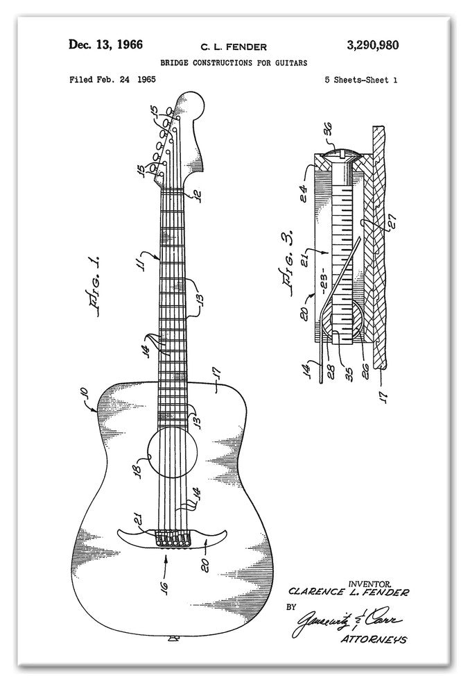 Vintage Fender Guitar Patent 20"x30" Print on Canvas