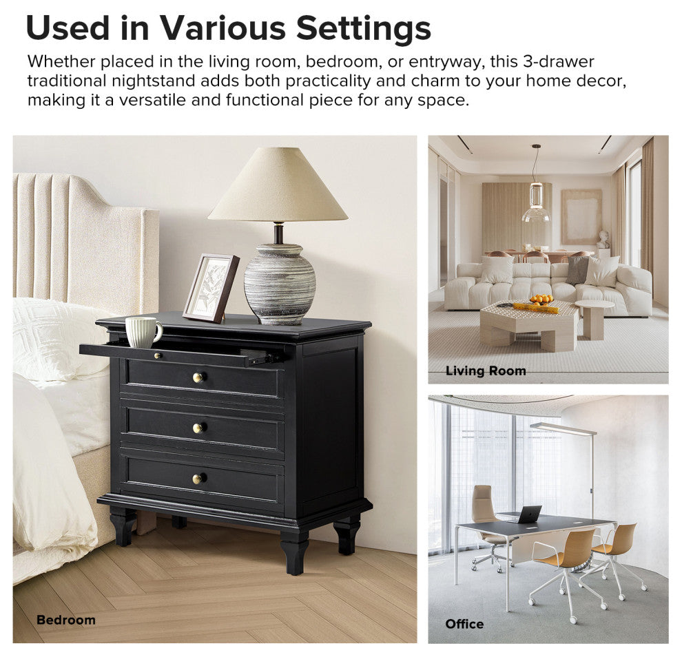 3-Drawer Nightstand With  Built-In Outlets, Black