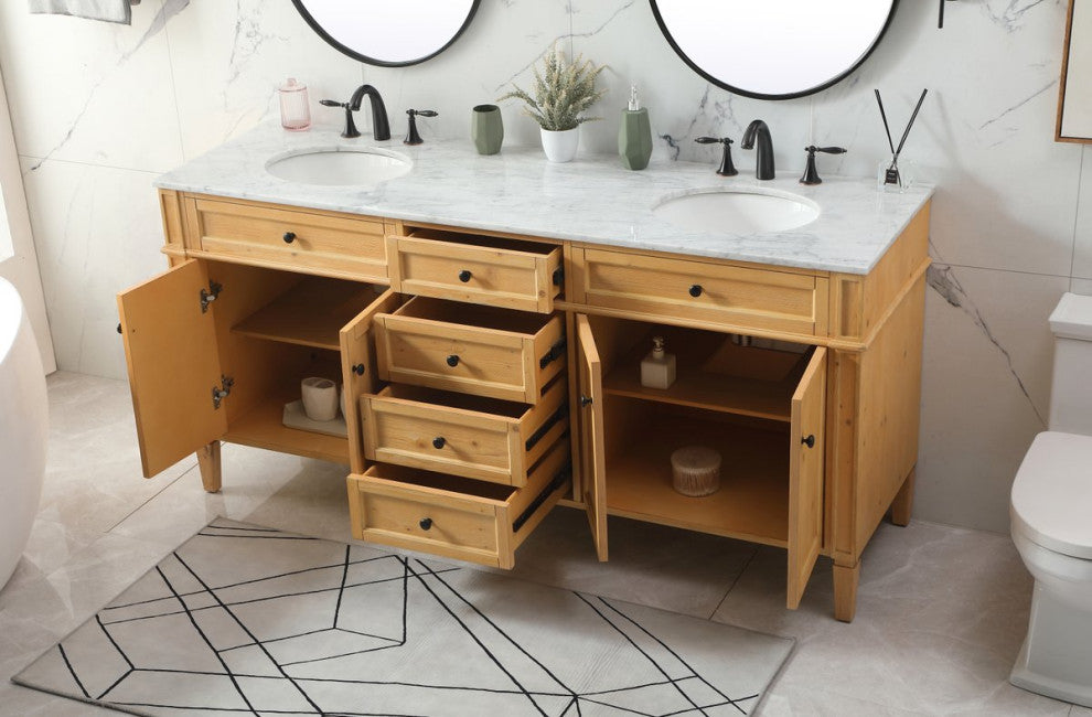 Home Living Vanity with Carrara White Marble Countertop, Natural Wood, 72", Double Sink