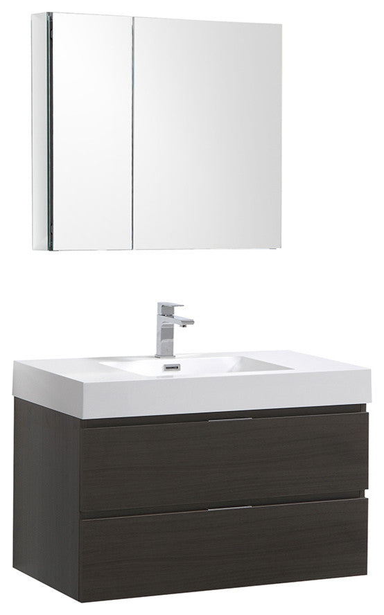 Valencia 36" Gray Oak Wall Hung Bathroom Vanity Set, Cabinet, Faucet, FFT9151CH