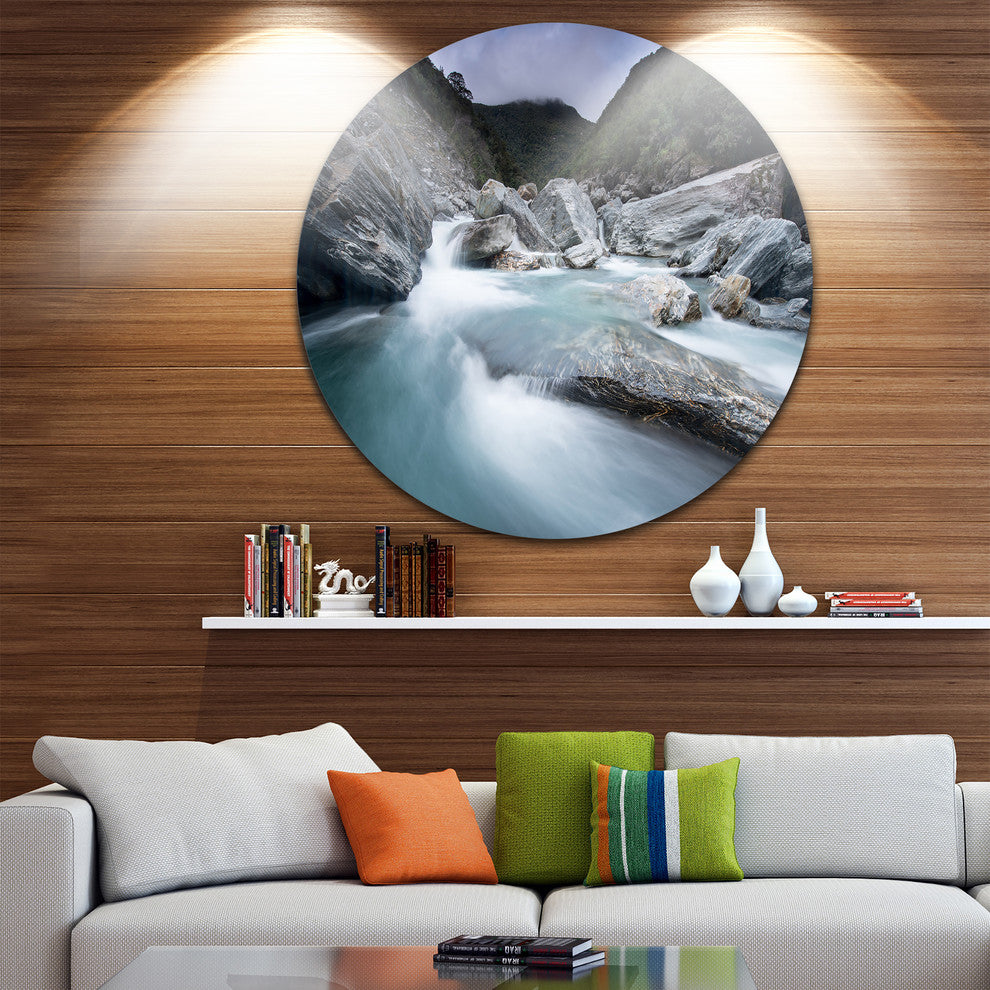 Slow Motion Mountain River In Blue, Seashore Round Wall Art, 11"