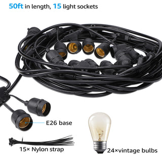 Torchstar 50' String Light, Filament Bulbs, 24 Sockets