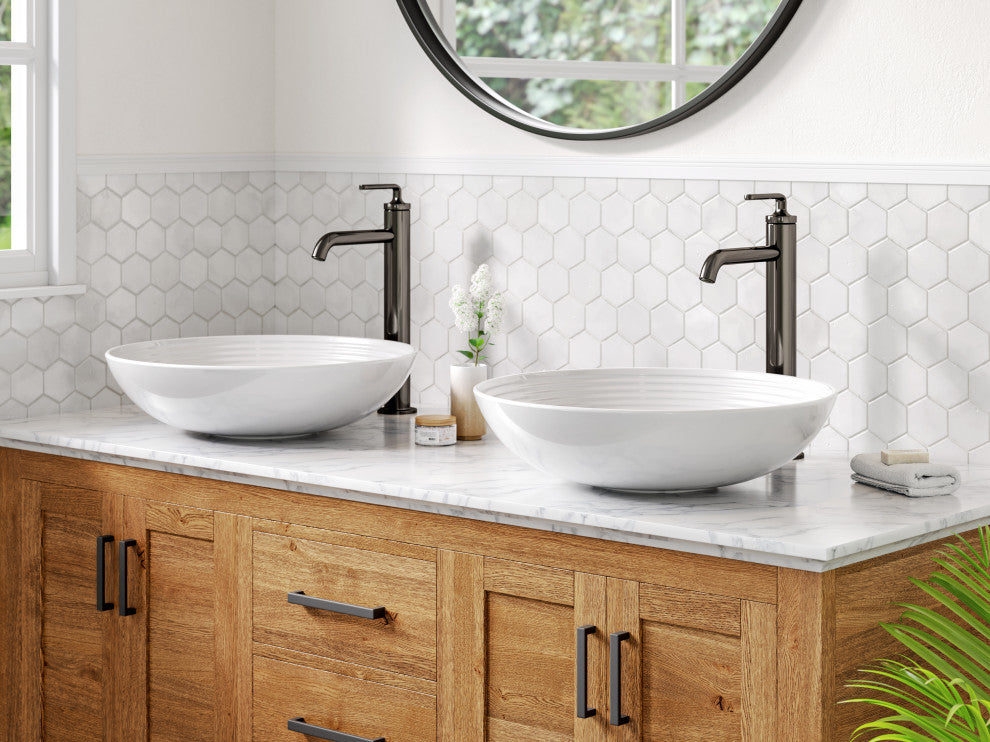 Kraus Ramus Single Handle Vessel Faucet, Pop Up Drain, Spot Free Steel, Set of 2