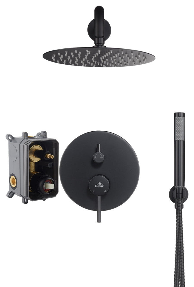 CASAINC 10" Round Wall Mounted Luxury Rain Shower System with Handheld Spray, Matte Black