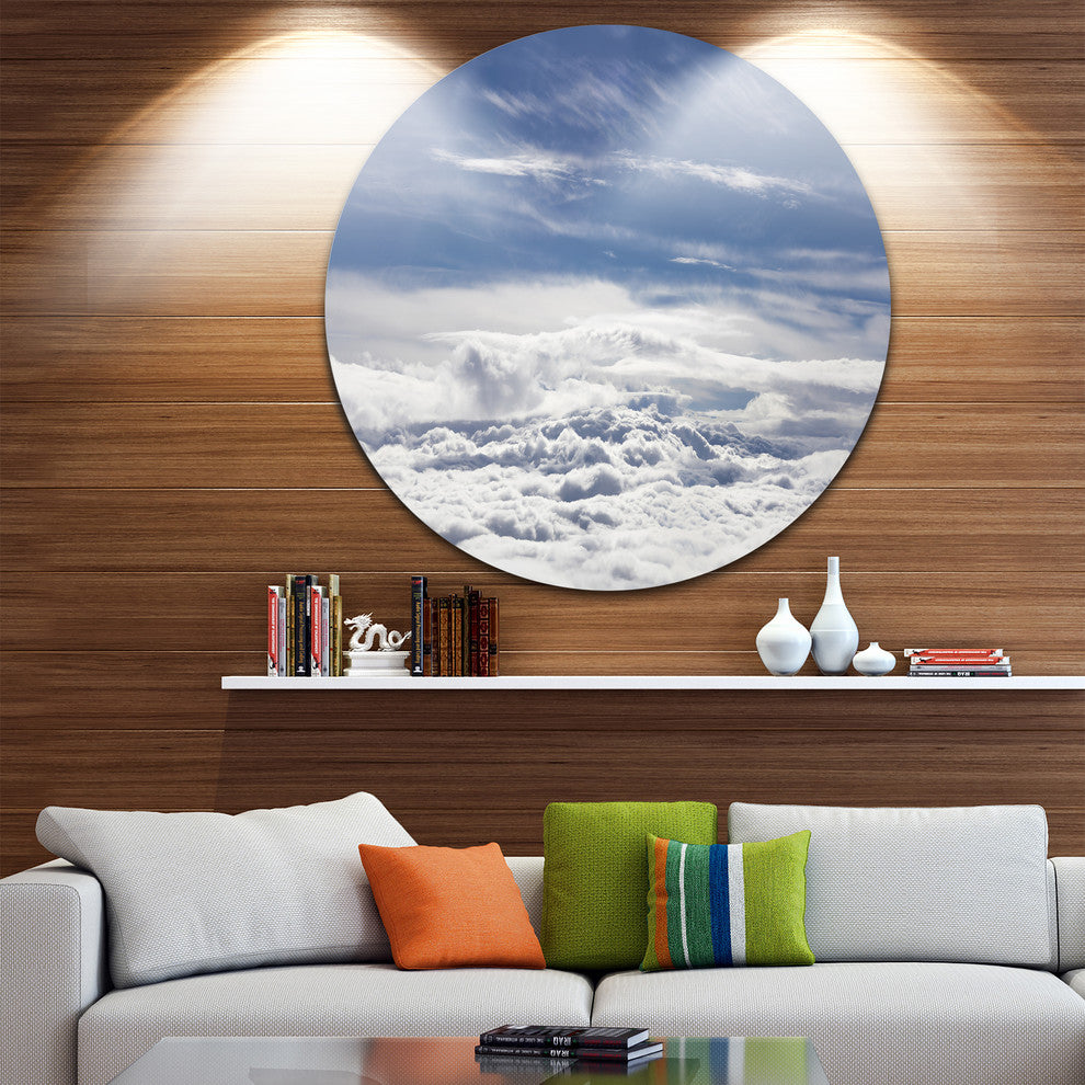 Flight Over Bright Clouds, Landscape Large Disc Metal Wall Art, 11"