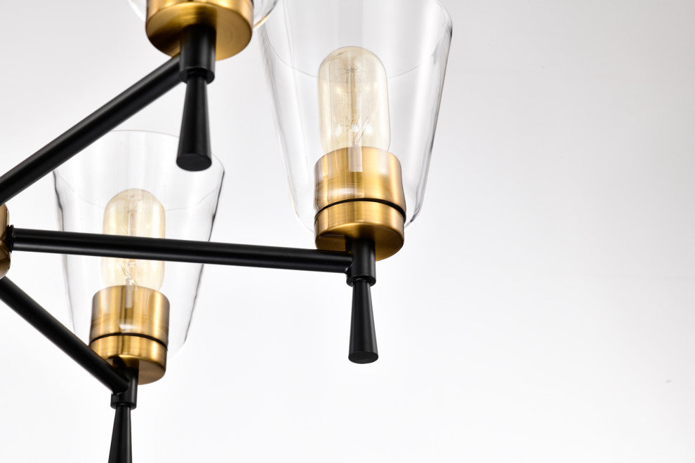 6-Light Black and Antique Brass Chandelier With Clear Cone Glass Shades