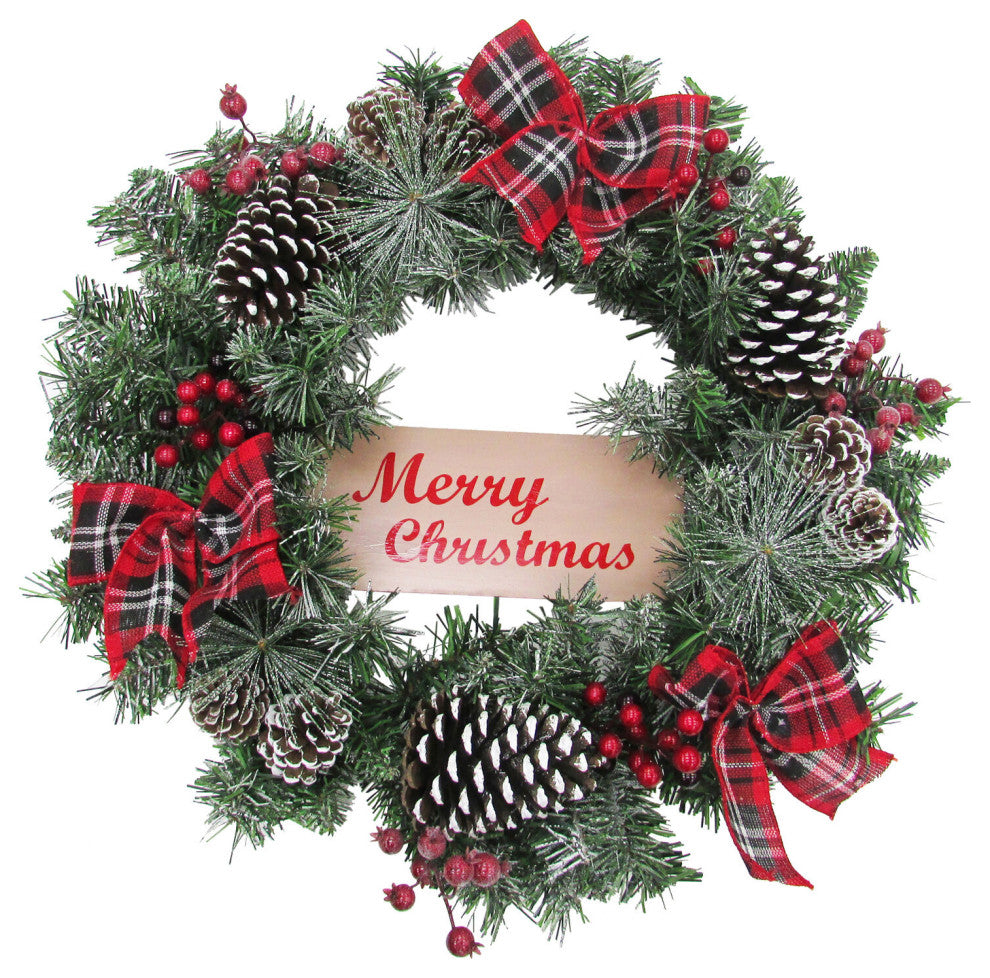 24" Christmas Frosted Wreath With Pinecones, Berries and Plaid Bows