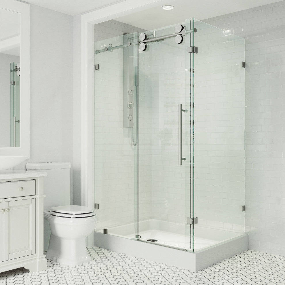 VIGO Winslow Frameless Sliding Shower Enclosure, Stainless Steel, 36" D X 48" W X 80" H, Left Drain Base