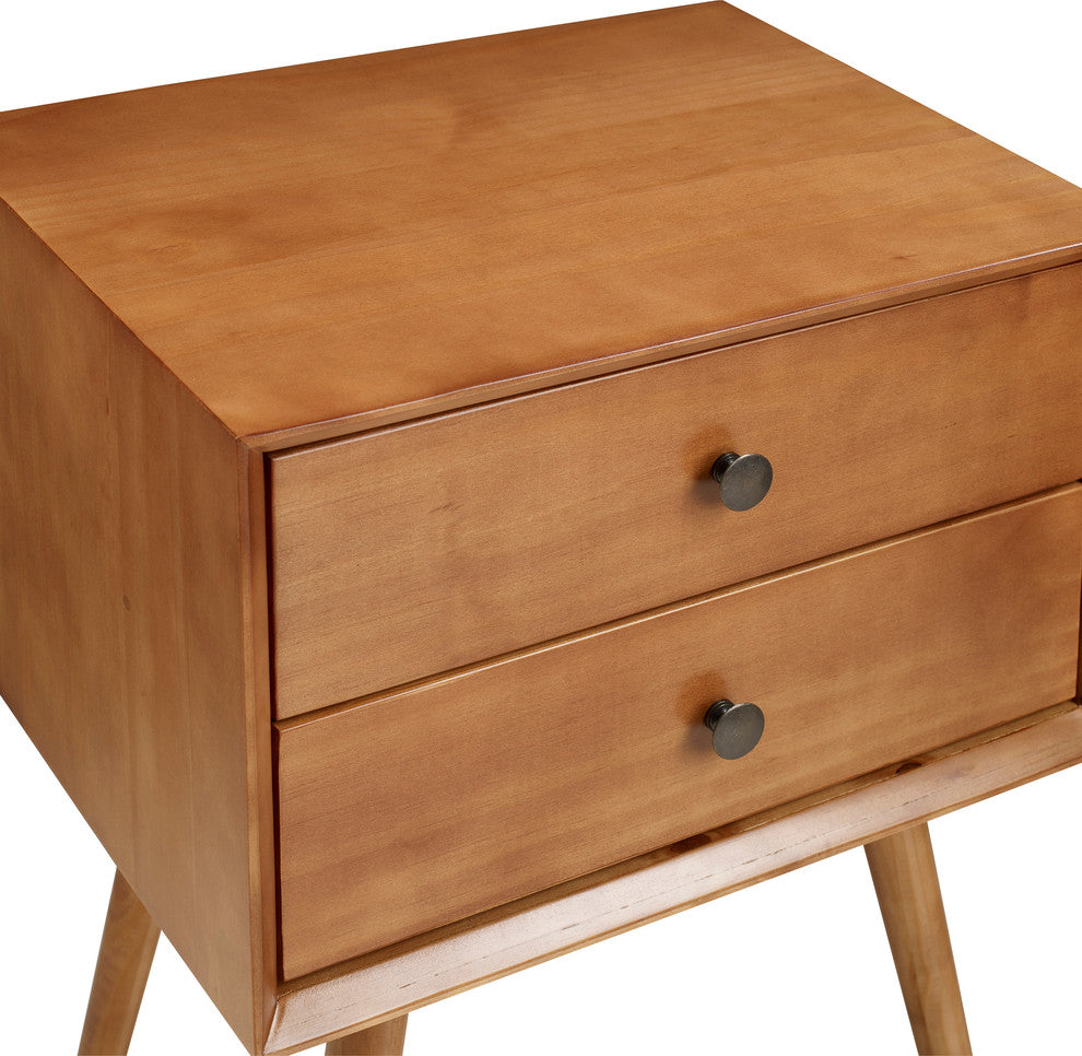 Mid-Century 2 Drawer Solid Wood Nightstand, Caramel
