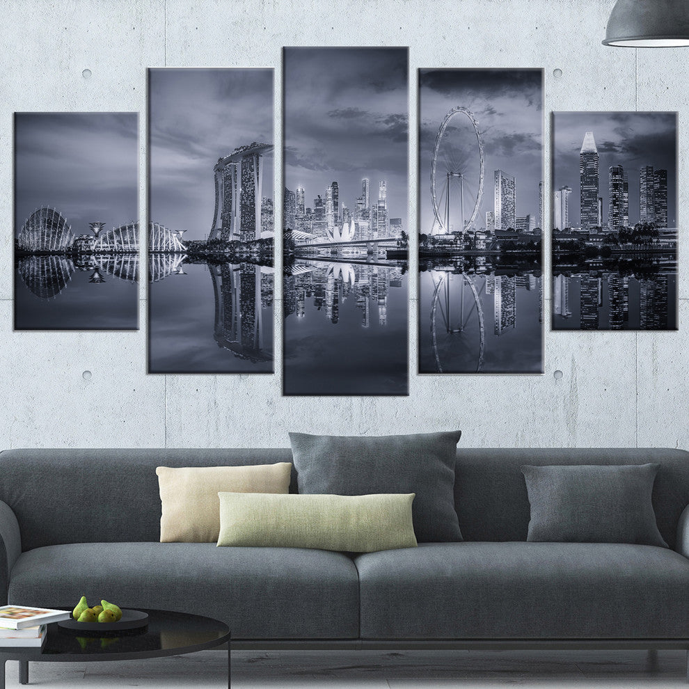 "Black And White Singapore Skyline" Cityscape Canvas print, 5 Panels, 60"x32"