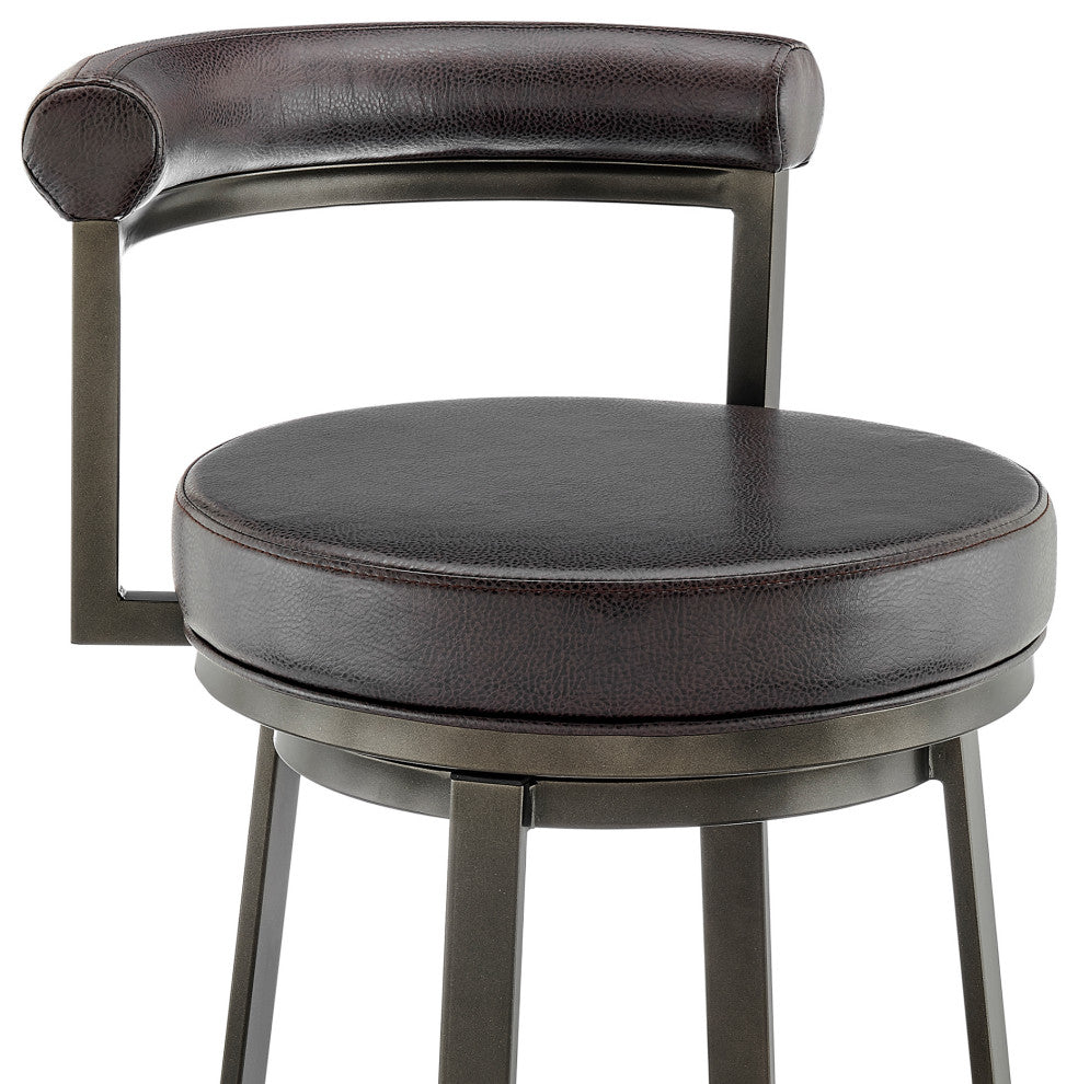 Neura Swivel Stool in Mocha Finish With Brown Faux Leather, 30"