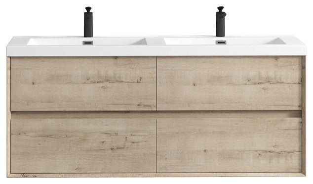 Ashley 60'' Floating Vanity, Acrylic Top, Double Sink, Light Oak