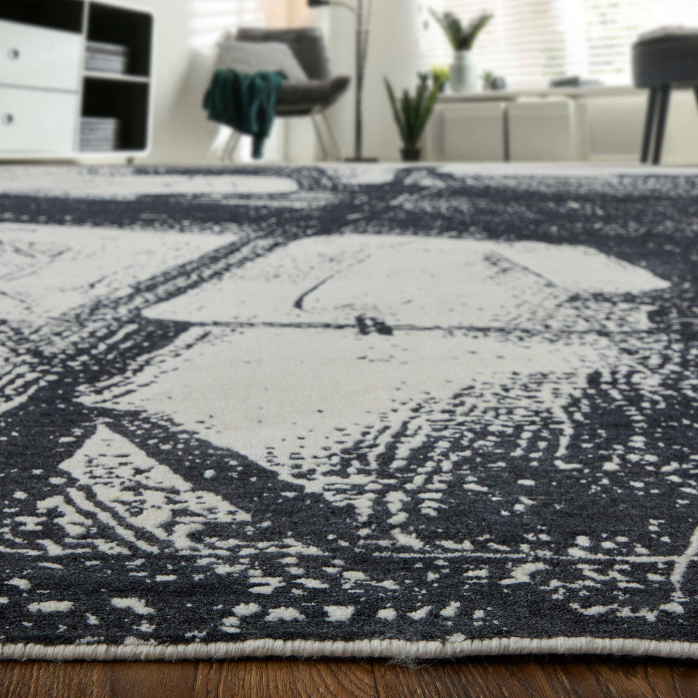 Eshwar R8927 Modern/Industrial/Global Rug, Black/White, 9'x12'