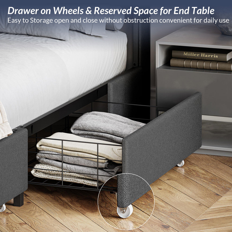 Full Size Bed Frame with Storage Drawers and Headboard (Gray)