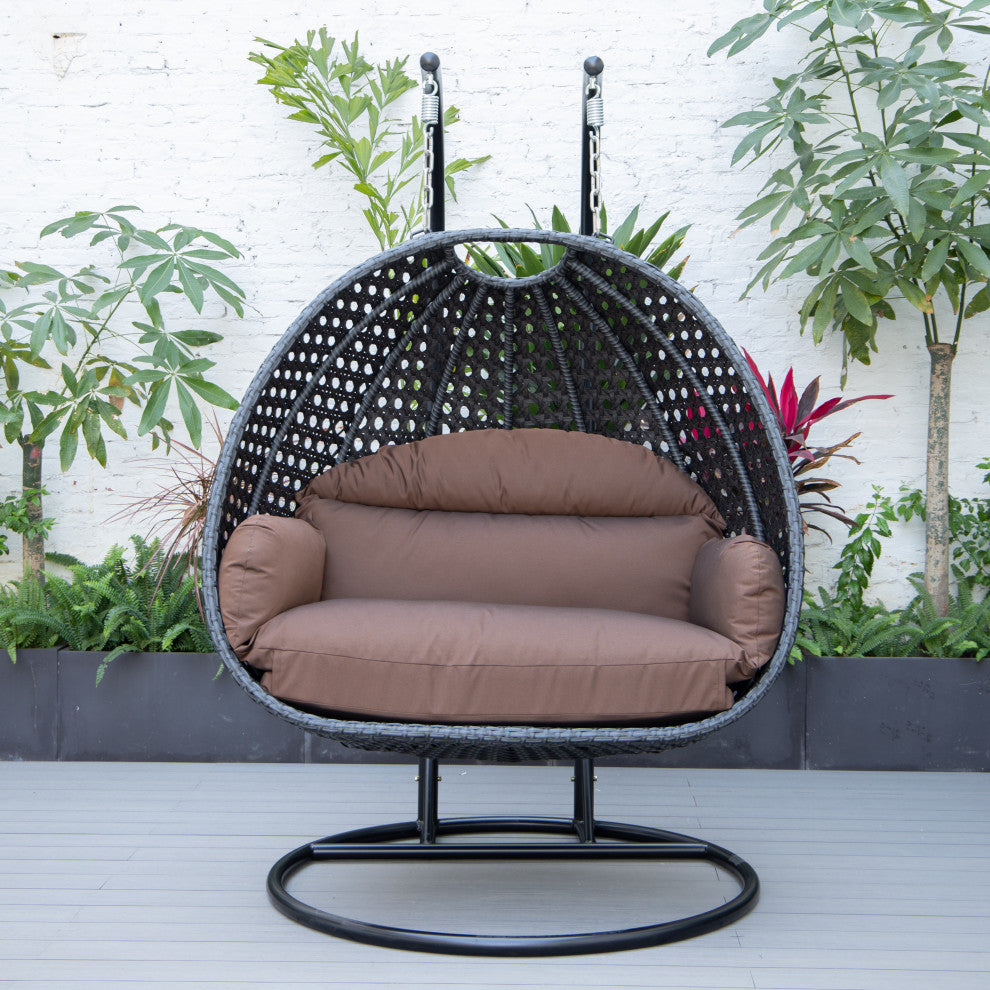 LeisureMod Mendoza Charcoal Wicker Hanging Double Egg Swing Chair, Brown