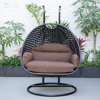 LeisureMod Mendoza Charcoal Wicker Hanging Double Egg Swing Chair, Brown