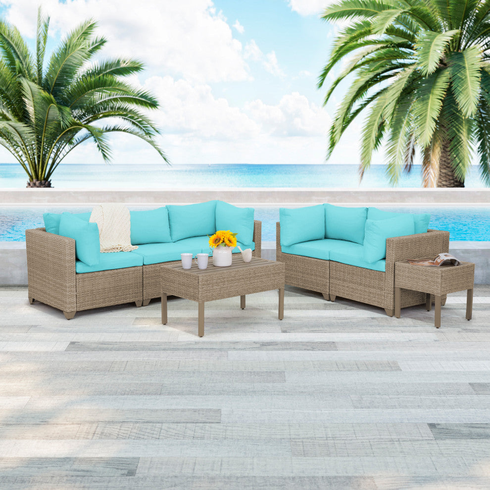 Maui 7-Piece Outdoor Conversation Set, Coffee Table, End Table, Cyan