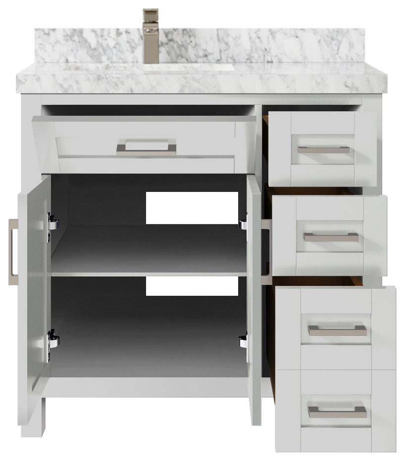 Cambridge 36 Left Offset Bath Vanity in Coventry Gray 2" Carrara Marble