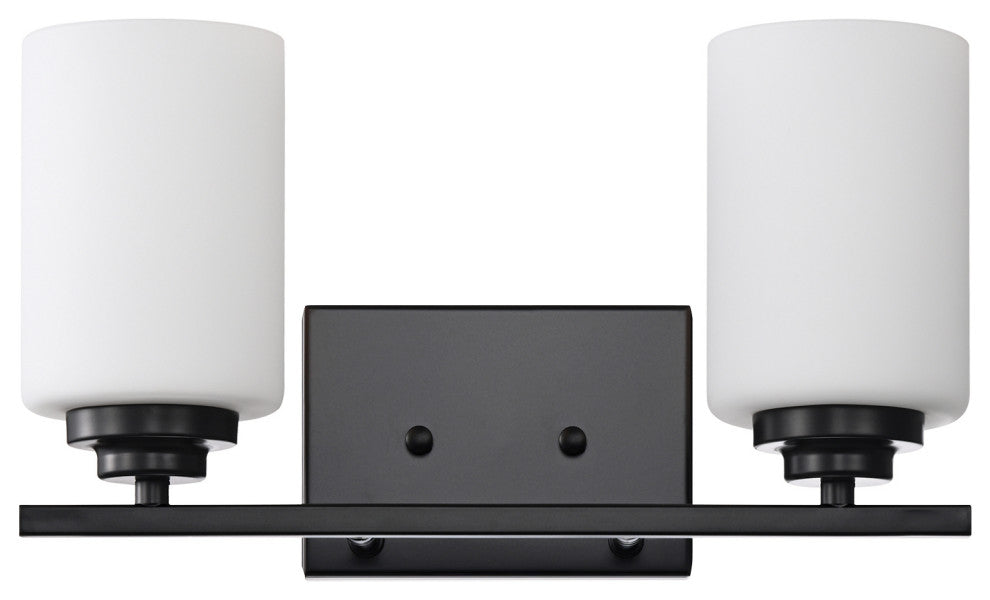 2-Light Matte Black Vanity With Etched White Glass Shades