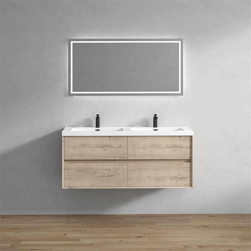 Ashley 60'' Floating Vanity, Acrylic Top, Double Sink, Light Oak