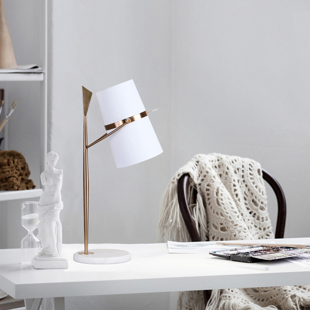 White Marble Base With Gold Frame and White Fabric Shade Table Lamp