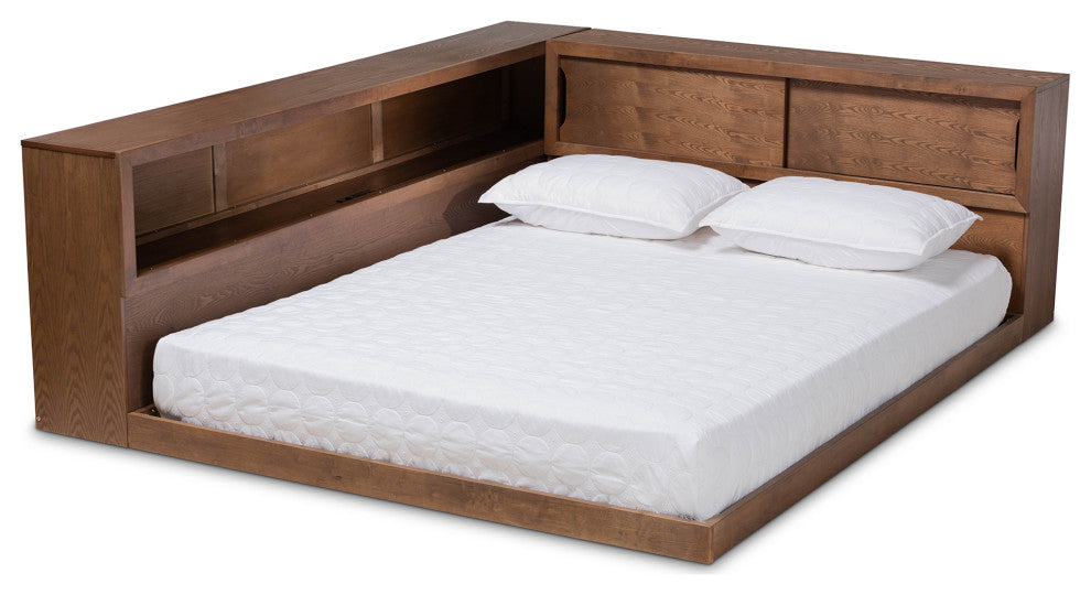 Superia Modern Walnut Brown Queen Size Platform Storage Bed With Built-In Outlet