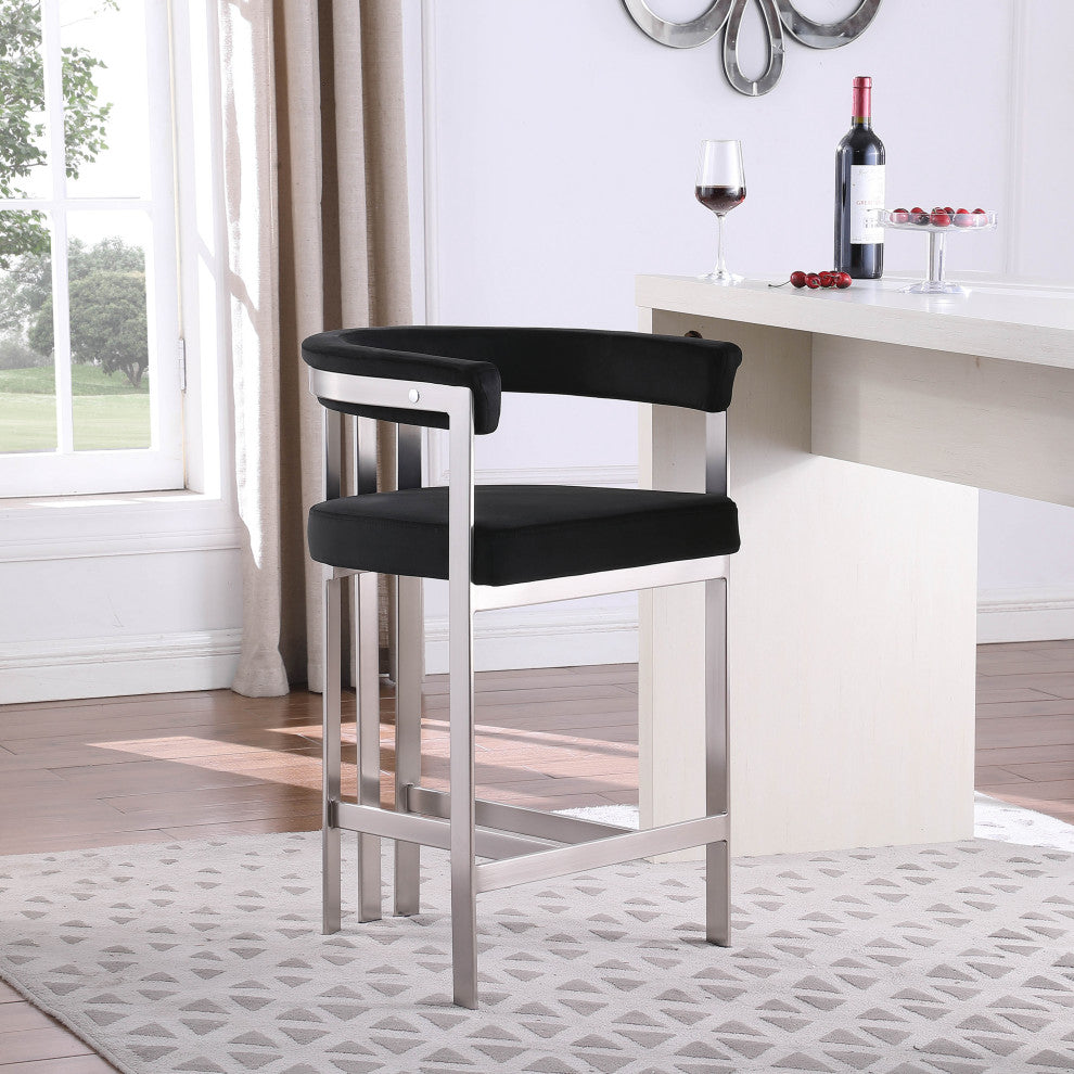 Marcello Upholstered Counter Stool, Black, Velvet, Brushed Chrome