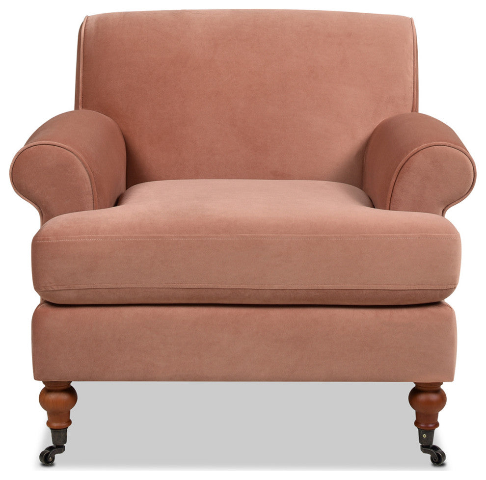 Alana 38" Lawson Accent Arm Chair, Metal Casters, Peach Orange Velvet